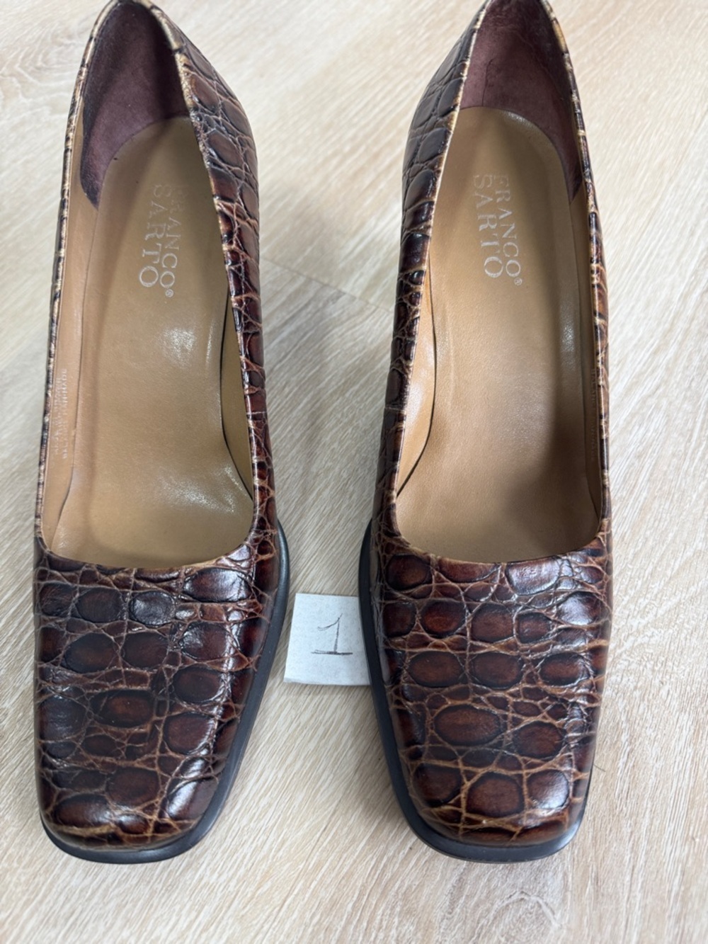 Franco Sarto Brown Croc-Embossed Square-Toe Pumps
